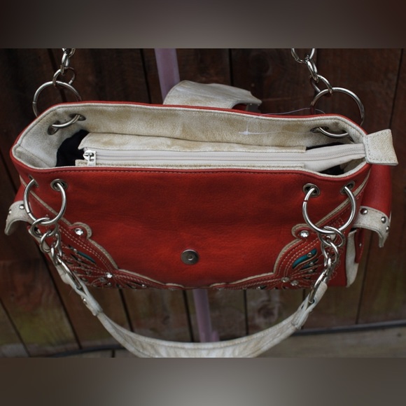 Orange and Turquoise Studded Accented Western Style Satchel Handbag - Picture 16 of 16